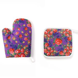 Floral Oven mitt and pot holder purple