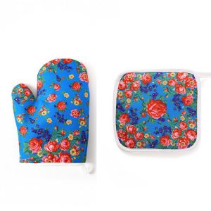 Floral Oven mitt and pot holder turquoise