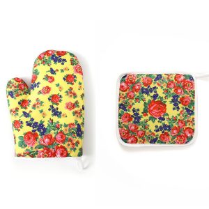 Floral Oven mitt and pot holder yellow