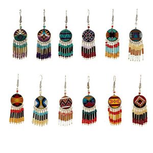 Hand Painted Round Shape Ceramic Earring W/ Short Beaded Dangle (CER-SR-EAR)