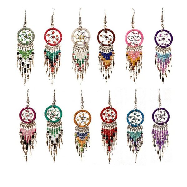 Dream Cather Beaded Earring W/Long Beaded Dangle (NDC-EAR)