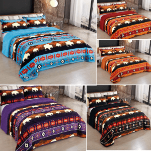 Queen Size Rustic Bison Design 3 Pcs Silk Touch Sherpa Lined Blanket Set (1936)