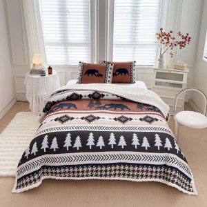 Bear Venture Sherpa Lined 3 Pcs Queen Size Quilt Set - (6260-Bear Tracks)