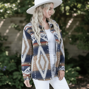 Vintage Tribal Print Shacket - Navy Khaki (FP64614-NVKK)