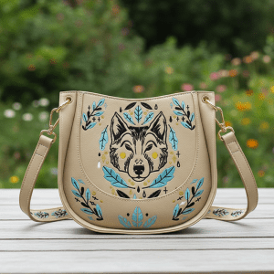 Wolf Headed Embroidery PU Leather Purse - Beige (NTV811)