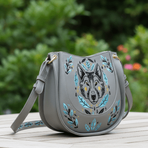 Wolf Headed Embroidery PU Leather Purse - Grey (NTV811)
