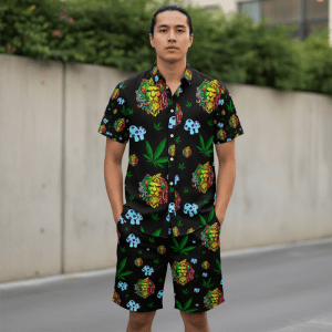Lion Smoking Leaf Shirt and Short Set - Black (SHIRT-1009)