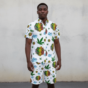 Lion Smoking Leaf Shirt and Short Set - White (SHIRT-1010)