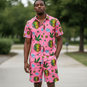 Lion Smoking Leaf Shirt and Short Set - Pink (SHIRT-1011)