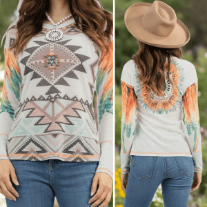 Delila Women's Mineral Wash “Aztec” Graphic Long Sleeve - White - Large - (T021WT-L)