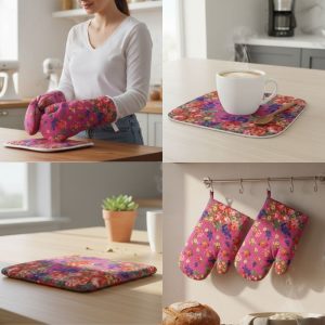 Kokum Floral Gloves and Mat Set - Fuchsia/Pink
