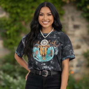 American Bling Women's Tie Dye  - Wild Cow Graphic - Size - Large  (T3002BK-L)