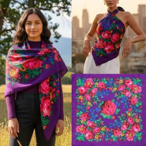 45" x 45" Metallic - Kokum Floral Acrylic Fiber Printed Scarf (CD-Scarf-1-45 Metallic Purple)