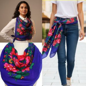 45" x 45" Metallic Kokum Floral Scarf (CD-Scarf-1-45 Metallic Royal Blue)