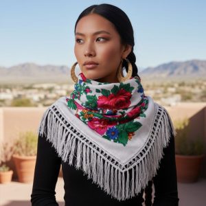 45" x 45" Metallic Kokum Floral Scarf (CD-Scarf-2 White)