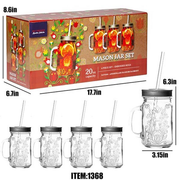 20 oz Designer Mason Jar, Set of 4 - Floral (1368)