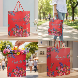 Floral Design Gift Bag, Size 12"x16"x5" - Red (Floral 1018)