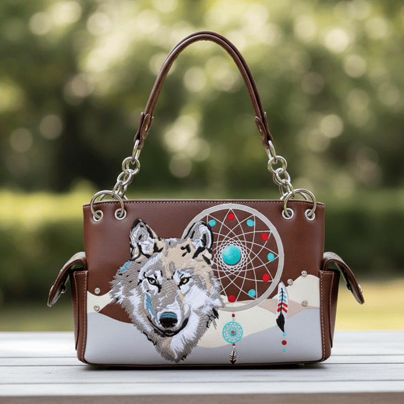Western Wolf Dream Catcher Embroidery Feather Women Handbag - Brown - (G939W220 BO) - Image 2