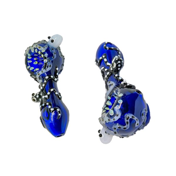 4"Glass Pipes Blue High Quality Black & White Octopus Design - (SMKJ-057)