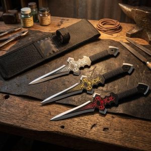 Set of 3 Skull Design Black Throwing Knives With Sheath (6666)