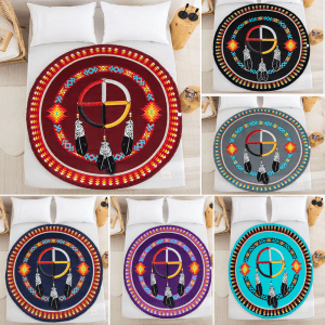 Silk Touch Sherpa Lined Round Blanket - Medicine Wheel With Eagle Feathers (1715)