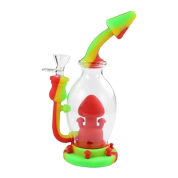 14" Mushroom Silicon Bong, Green/Red Mix Color-  SKMJ-159