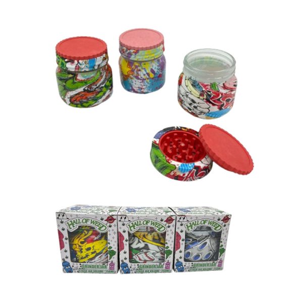 Storage Jar Top Plastic Grinder, Bottom Glass Storage Jar, Colors Designs Mixed STG-02 - Image 2