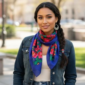 30" x 30" Metallic - Kokum Floral Acrylic Fiber Printed Scarf (CD-Scarf-1-30 Metallic Royal Blue)