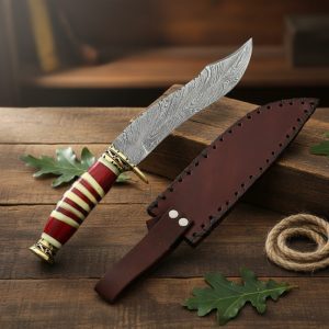 13" Damascus Steel Fixed Blade Hand Forged Bone & Wood Handle Knife - (9796)