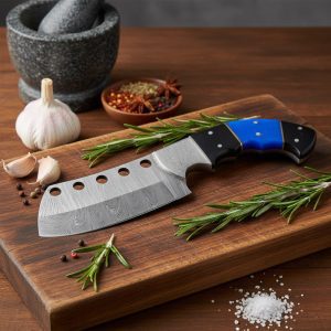 Dotted Damascus Blade, Damascus Bolster black and Blue Handle - 9837