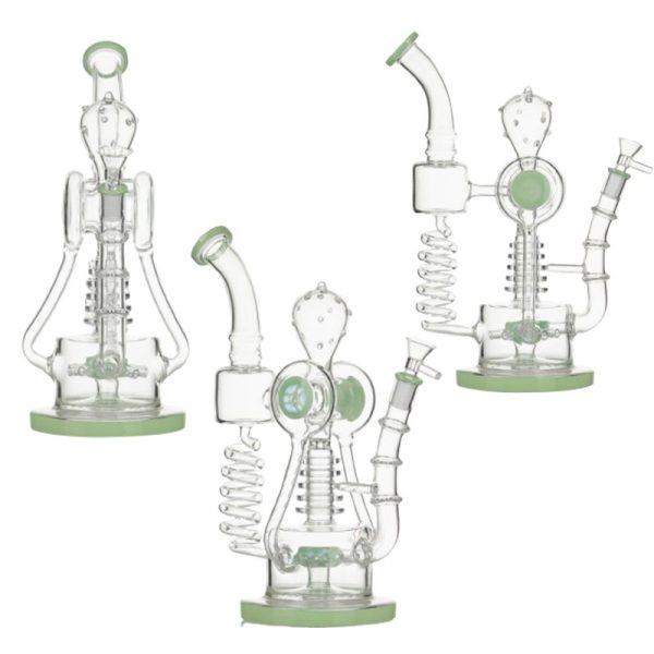 13" Double Hopper Recycler Glass Bong - Milky Green (C1040)