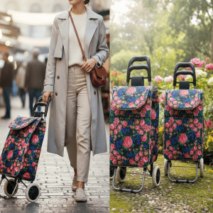 Lightweight Floral Shopping Trolley Luggage Bag - Black (Floral 1024)