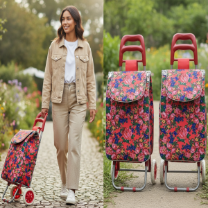 Lightweight Floral Shopping Trolley Luggage Bag - Red (Floral 1024)