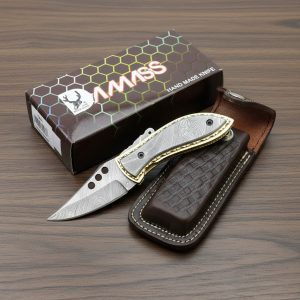 7" Damascus Folding Knife Handmade with Sheath (13041)