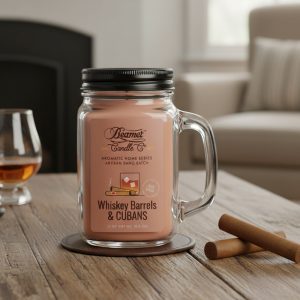 Beamer Candle 12oz Glass Mason Jar - Whiskey Barrels & CUBANS (CN1001WBC)