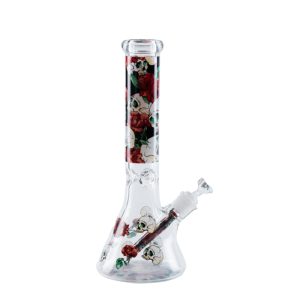 14" 7MM Skull Red Roses Design Exclusive License Glass Bong (C1559-K01)