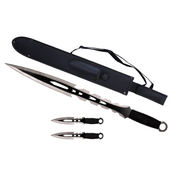 27" Tactical Machete Sword w/ Two 8" Throwing Knives - Black - (T661084BK)