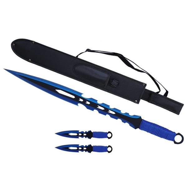 27" Tactical Machete Sword w/ Two 8" Throwing Knives - Black - (T661084BL)
