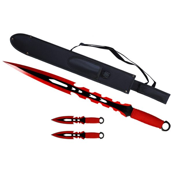 27" Tactical Machete Sword w/ Two 8" Throwing Knives - Red - (T661084RD)