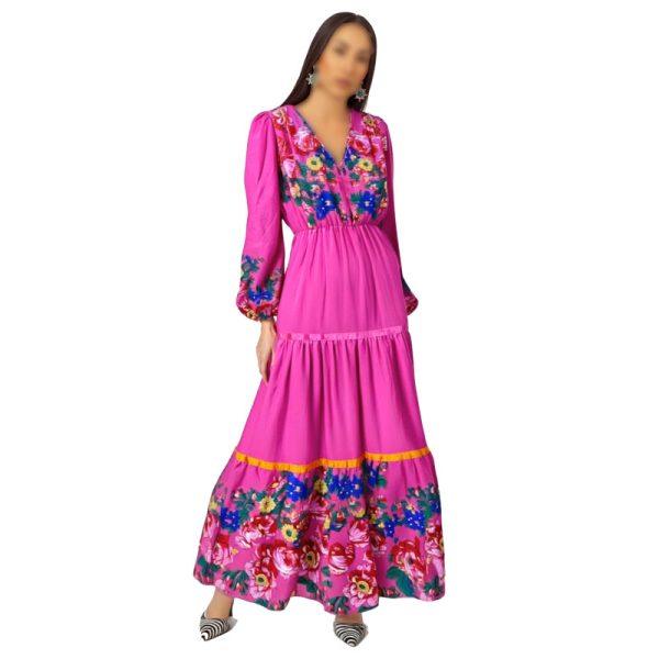 Floral Art Elegant Long Sleeve Dress With Silk Band - (Floral 1028)