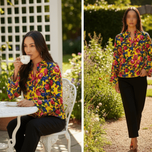 Floral Art Trendy V Neck Casual Loose Long Sleeve UpShirts (Floral 1030)