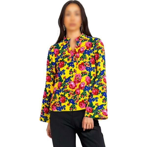 Floral Art Trendy V Neck Casual Loose Long Sleeve UpShirts - (Floral 1030)