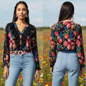 Floral Art Soft and Skimpy V Neck Long Sleeve UpShirts and Beautiful Fringe (Floral 1031)