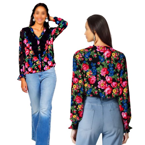 Floral Art Soft and Skimpy V Neck  Long Sleeve UpShirts and Beautiful Fringe - (Floral 1031)