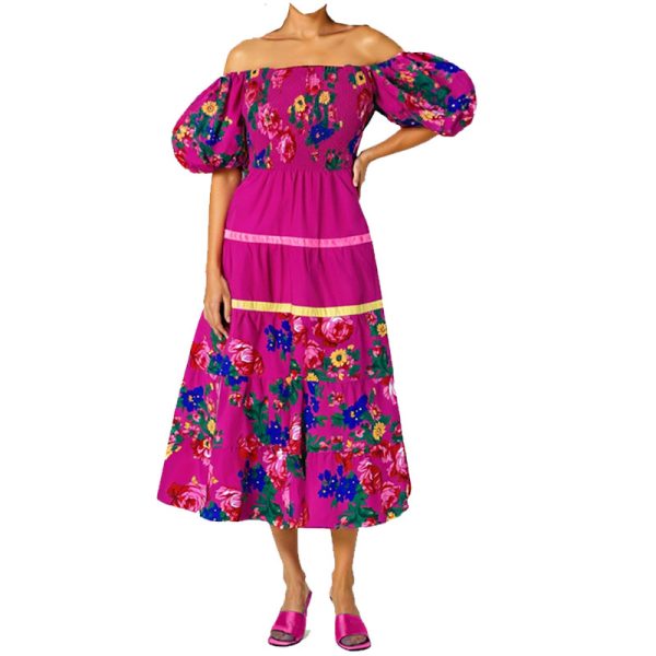 Floral Art Long Section Big Swing Dresses with Beautiful silk band - (Floral 1032)