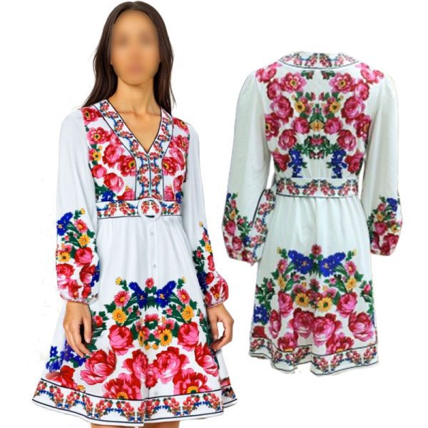Floral Art Elegant V Neck Tunic Casual Midi Dress - (Floral 1033)