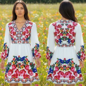 Floral Art Elegant V Neck Tunic Casual Midi Dress (Floral 1033)