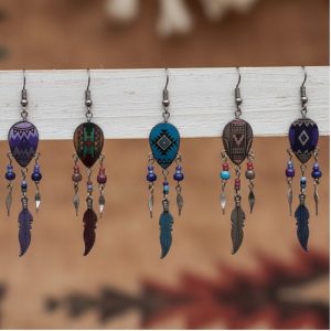 Hand Painted Teardrop Shape Ceramic Earring W/ Beaded Metal Feather Dangle (CER-FTH-EAR)