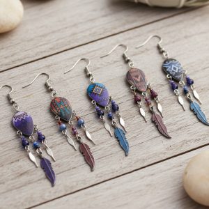 Metal Dream Cather Earrings With Chip Stones And Metal Feather (CH-NDC-FTA-EAR)