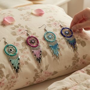 Dream Cather Earring W/Beaded Daisy And Long Beaded Dangle (NDC-DAISY-EAR)